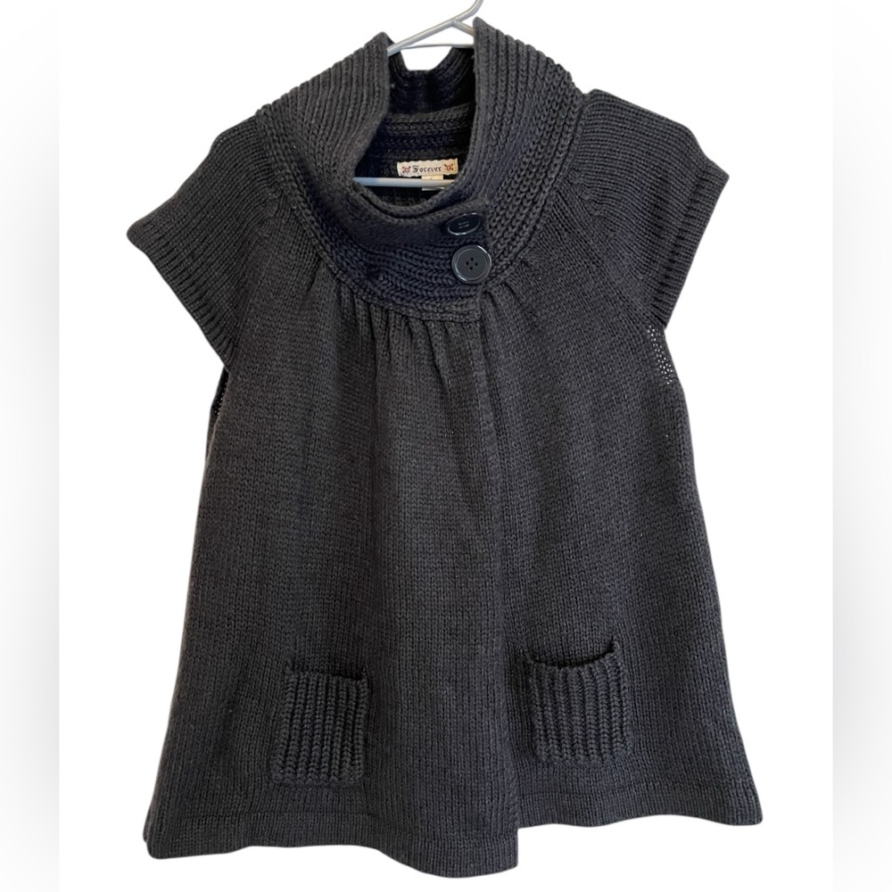Forever SzL Dark Gray Wool Blend Knit Poncho Sweater, Neck Close, Open Front